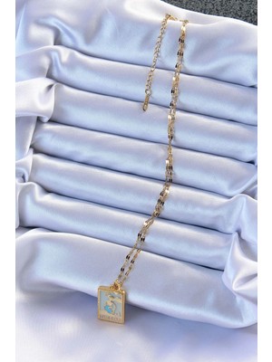 Moresun Buğz 316L Çelik Zincir Altın Renk Mavi Mineli Tarot Kolye - Buğz