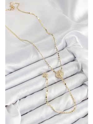 Moresun Buğz Pirinç Zirkon Taşlı Ezme Zincirli Madalyon Model Gold Renk Y Kolye - Buğz