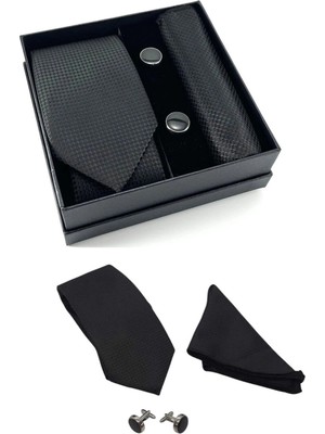 Moresun Buğz Kravat Düğme Set Siyah Desenli Kravat Mendil Kol Düğmesi Özel Set