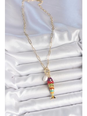 Moresun Buğz Inci Detaylı Zirkon Taşlı Rainbow Balık Figürlü Gold Renk Pirinç Kolye - Buğz