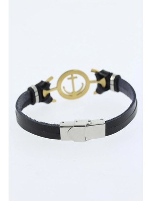 Moresun Buğz Gold Renk Deniz Çapası Figürlü Metal Aksesuarlı Siyah Renk Deri Erkek Bileklik - Buğz