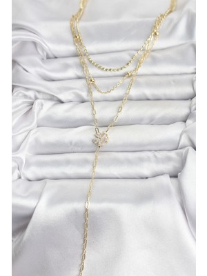 Moresun Buğz Pirinç Gold Renk Zirkon Taşlı Çiçek Model Detaylı 3'lü Kombin Y Kadın Kolye - Buğz