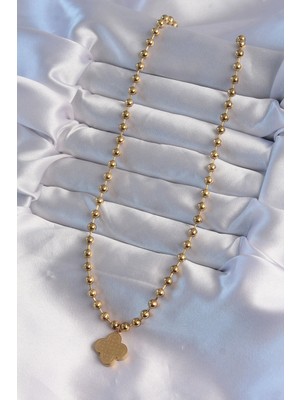 Moresun Buğz 316L Çelik Top Zincirli Gold Renk Işlemeli Yonca Model Kolye - Buğz