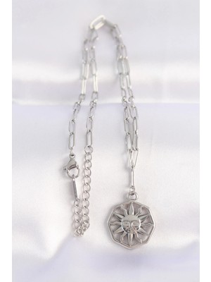 Moresun Buğz 316L Çelik Zincir Gümüş Renk Güneş Kolye - Buğz