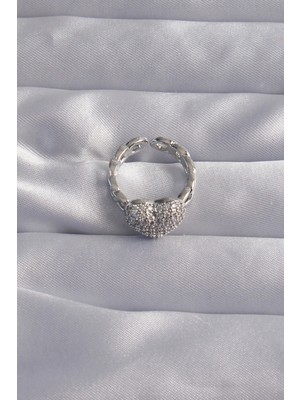 Moresun Buğz Pirinç Ayarlamalı Gümüş Renk Zirkon Taşlı Bombeli Kalp Yüzük - Buğz