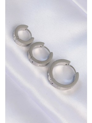 Moresun Buğz 316L Çelik Gümüş Renk Zirkon Taşlı Model 3lü Halka Küpe - Buğz