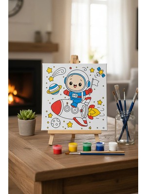 3DreaMaker Uzay Mecerası Çocuk Tuval Boyama Seti 1 Adet 20x20 cm Desenli Tuval ile Eğlenceli Boyama