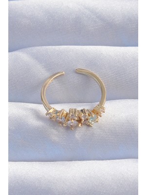 Moresun Buğz Pirinç Gold Renk Zirkon Taşlı Damla Detay Ayarlanabilir Yüzük - Buğz