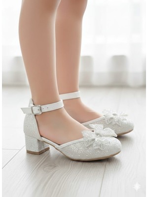 SGF Kids Beyaz Cam Kırığı Taşlı Fiyonklu Topuklu Abiye Ayakabı