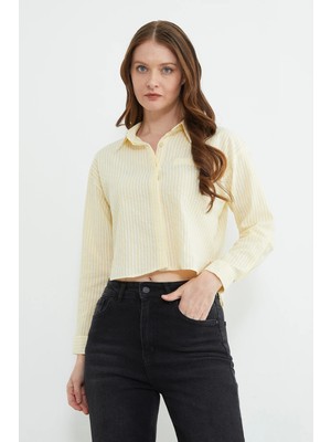 FullaModa Çizgili Jakarlı Crop Gömlek