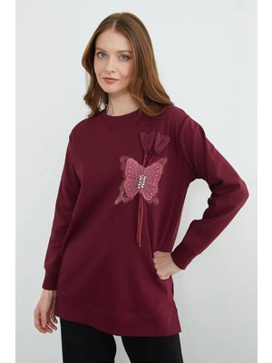 FullaModa Kelebek Nakışlı Taşlı Bisiklet Yaka Tunik