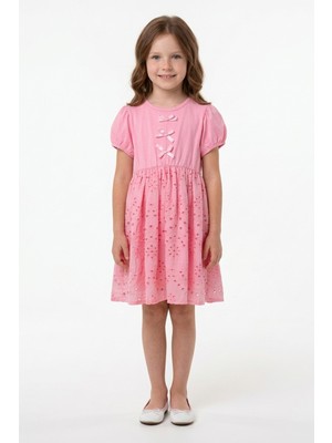 FullaModa Brode Detaylı Fiyonklu Kız Çocuk Elbise