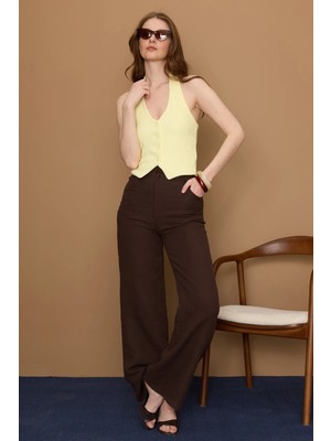 FullaModa Yüksek Bel Fermuarlı Müslin Kumaş Pantolon