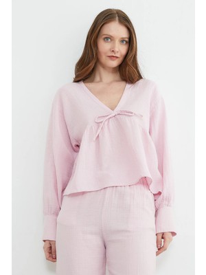 FullaModa Bağlama Detaylı V Yaka Müslin Kumaş Bluz