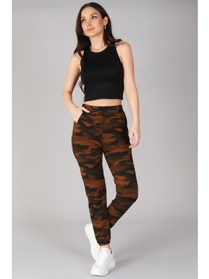 Sweetness Kadın Kahve Paçası Lastikli Kamuflaj Desenli Eşofman Altı