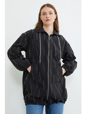 FullaModa Taş Detaylı Kapüşonlu Fermuarlı Trençkot