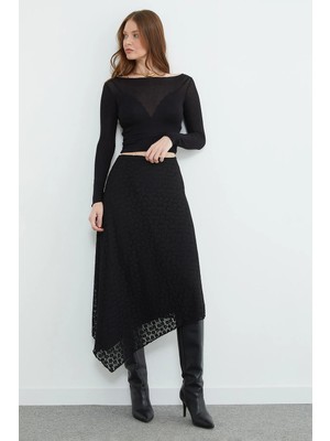 FullaModa Dantelli Beli Fermuarlı Asimetrik Kesim Etek