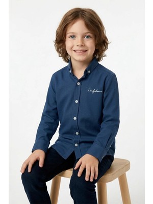 FullaModa Yazı Baskılı Kolu Katlamalı Erkek Çocuk Gömlek