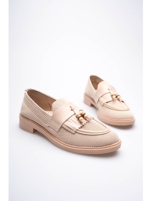 Fresco Scarfs Kadın Bej Boncuk Püsküllü Günlük Kısa Topuklu Ayakkabı TR30MS01B