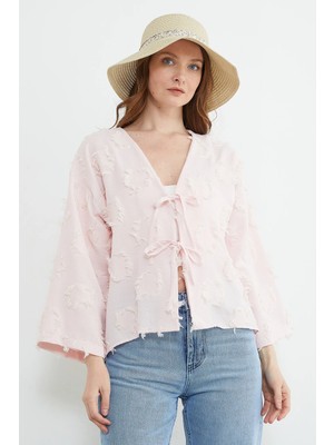 FullaModa Püsküllü Önü Bağlamalı Salaş Kimono