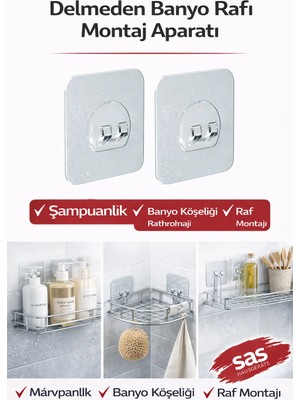 Sas Haus 4'lü Banyo Rafı Yapışkanı – Delmeden Şampuanlık ve Banyo Köşelik Montaj Aparatı