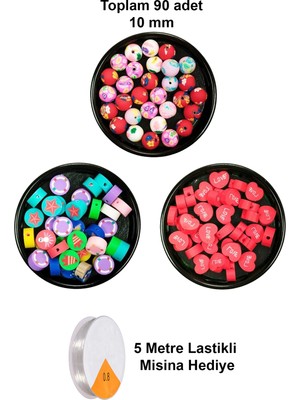 Aesco 90 Adet 10 mm Polimer Kil Fimo Boncuk Takı Bileklik + 5 Metre Misina Hediye - Deniz - Kalp - Yuvarlak
