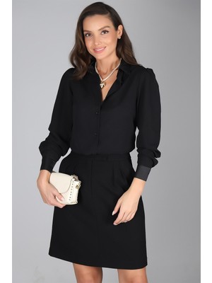 SWEETNESS Kadın Siyah Saten Yakalı Krep Abiye Gömlek