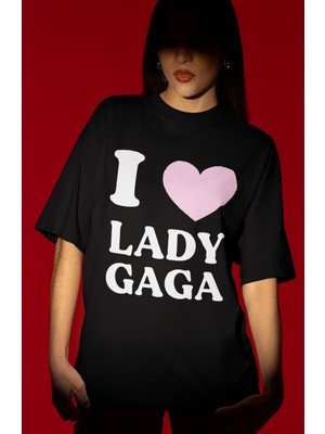 Sevbano Tasarım I Love Lady Gaga Şarkıcı Baskılı Unisex Oversize Tişört