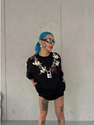 Nova Epoxy Art Baskılı T-Shirt Kısa Kol Bisiklet Yaka Regular Rahat Kalıp Günlük Tişört - Siyah