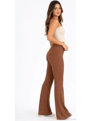 Arben Boutique Fitilli Kaşkorse Ispanyol Paça Tayt Yüksek Bel Esnek Günlük Rahat Pantolon - Kahverengi