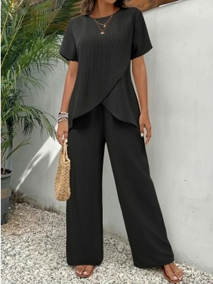 Jane's Janes Kadın Kısa Kollu Bisiklet Yaka Asimetrik Kesim Detaylı Bürümcük Bluz ve Pantolon Ikili Takım