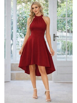 Jane's Janes Kadın Omuzlardan Açık Boyundan Halka Detaylı Görünümlü Asimetrik Detaylı Kısa Ithal Krep Elbise