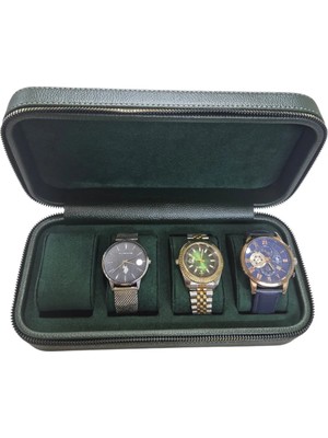 Deri 4 Lü Saat Çantası Kutusu Fermuarlı Ahşap Kasalı (Haki)