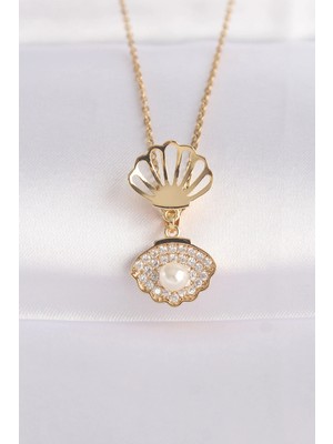 Moresun Buğz 316L Çelik Zincir Altın Renk Zirkon Taşlı Inci Detay Istiridye Kolye - Buğz