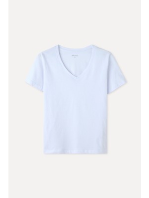 Kadın Beyaz Pamuklu V Yaka T-Shirt