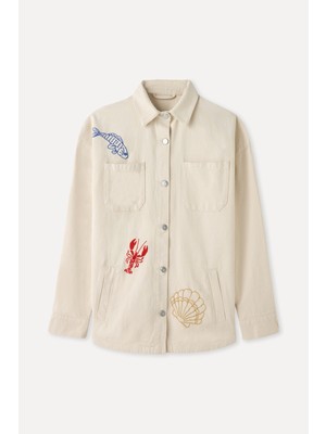 Cep Detaylı Nakışlı Oversıze Gömlek Ceket