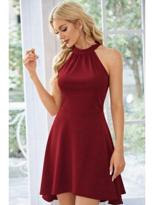 Arben Boutique Kadın Omuzlardan Açık Boyundan Halka Detaylı Görünümlü Asimetrik Detaylı Kısa Ithal Krep Elbise