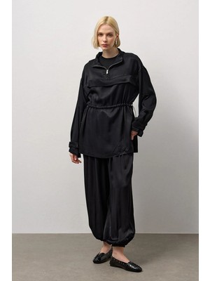 Molene Siyah Yarım Fermuarlı Bel Büzgülü Tunik