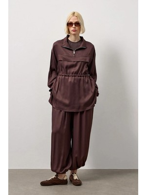 Molene Kahverengi Yarım Fermuarlı Bel Büzgülü Tunik