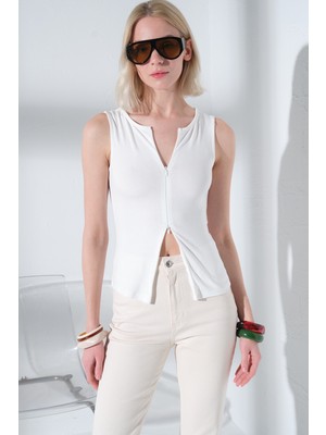 Maule Çift Yön Fermuarlı Soft Touch Premium Örme Sıfır Kol Body Kadın Bluz @trentino