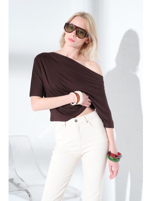 Maule Tek Omuz Kayık Yaka Soft Touch Premium Yarasa Kısa Kollu Örme Kadın Tişört Bluz @emilia