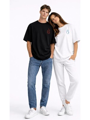Nevermind Sevgili Kombini Ateş Su Minimal Çift Tişört Oversize Unisex Partner Kombin Seti