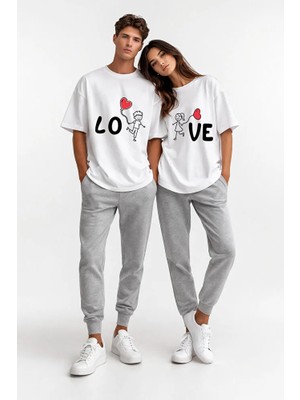 Nevermind Sevgili Kombini Love Baskılı Çift Tişört Oversize Unisex Partner Kombin Seti