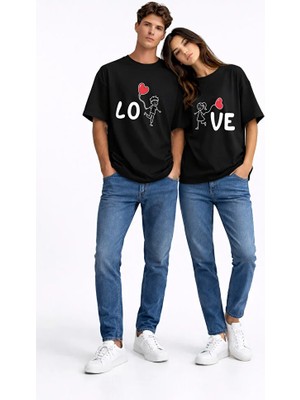 Nevermind Sevgili Kombini Love Baskılı Çift Tişört Oversize Unisex Partner Kombin Seti