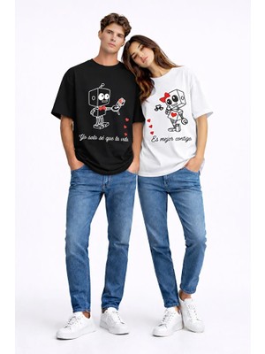 Nevermind Sevgili Kombini Robot Baskılı Çift Tişört Oversize Unisex Partner Kombin Seti