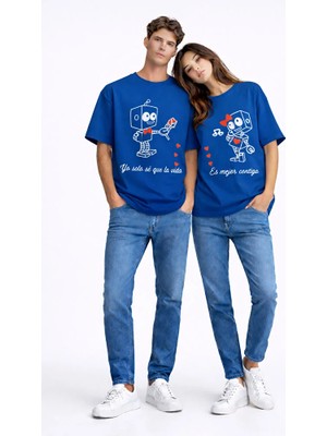 Nevermind Sevgili Kombini Robot Baskılı Çift Tişört Oversize Unisex Partner Kombin Seti