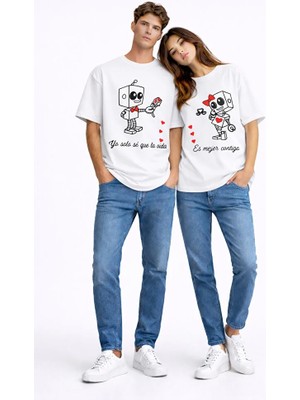 Nevermind Sevgili Kombini Robot Baskılı Çift Tişört Oversize Unisex Partner Kombin Seti