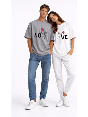 Nevermind Sevgili Kombini Love Baskılı Çift Tişört Oversize Unisex Partner Kombin Seti