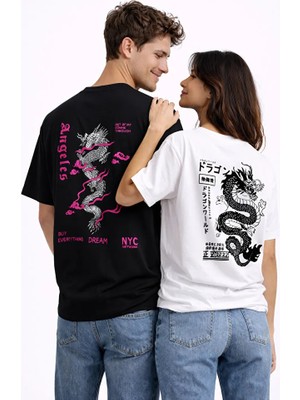 Nevermind Sevgili Kombini Dragon Baskılı Çift Tişört Oversize Unisex Street Partner Kombin Seti