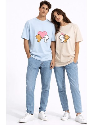 Nevermind Sevgili Kombini Ayıcık Kalp Baskılı Çift Tişört Oversize Unisex Partner Kombin Seti